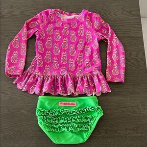 Ruffle Butts Pink Pineapple Rashguard with Green Ruffle Bottoms
